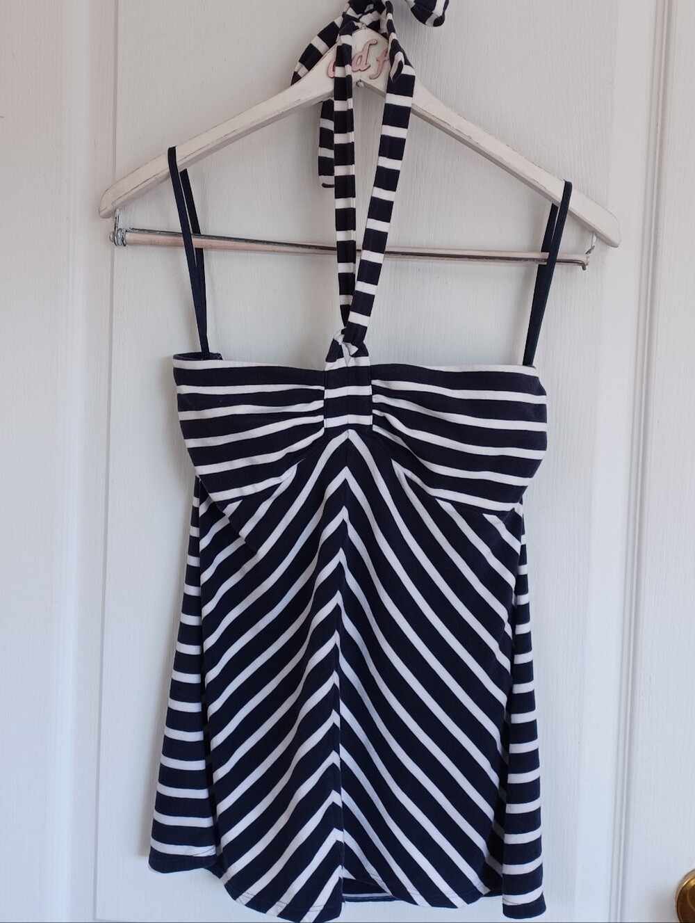 ANN TAYLOR LOFT NAVY/WHITE CHEVRON V-SHAPE STRIPED SUN TOP COTTON/SPANDEX SMALL